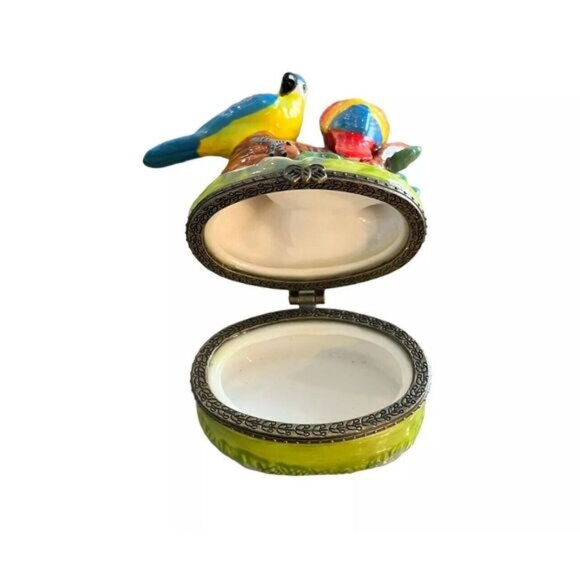 Vintage Trinket Box Green Perching Parrots with Painted Branch - Picture 3 of 3